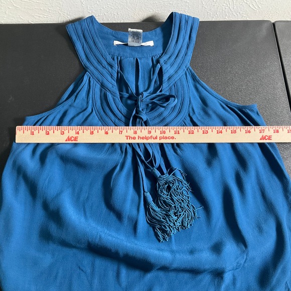 Diane von Furstenberg Top Womens Size 2 Sleeveless Tassel Teal Blouse Bohemian - Picture 7 of 9